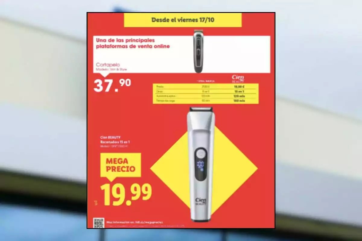 Advertisement for a Cien Beauty 15-in-1 hair trimmer on sale for 19.99 euros against a red and yellow background, showing the product and comparing its price with another brand