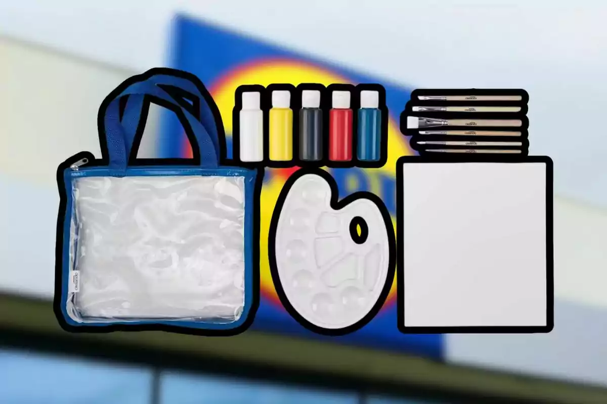 Kit de pintura infantil con estuche transparente, cinco botes de pintura de diferentes colores, paleta de mezclas, pinceles y lienzo cuadrado sobre un fondo desenfocado.