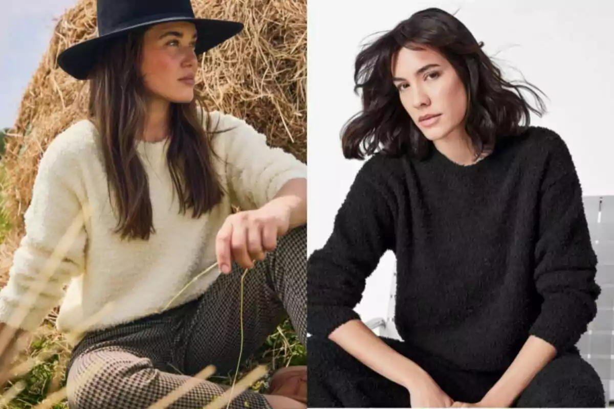 Dues dones posen amb jerseis de textura suau, una de color blanc asseguda a l’aire lliure amb barret negre i l’altra de color negre en un entorn interior amb fons clar.