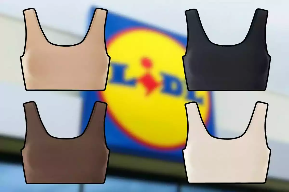 Quatre tops de diferents colors sobre un fons desenfocat amb el logotip d’una botiga Lidl