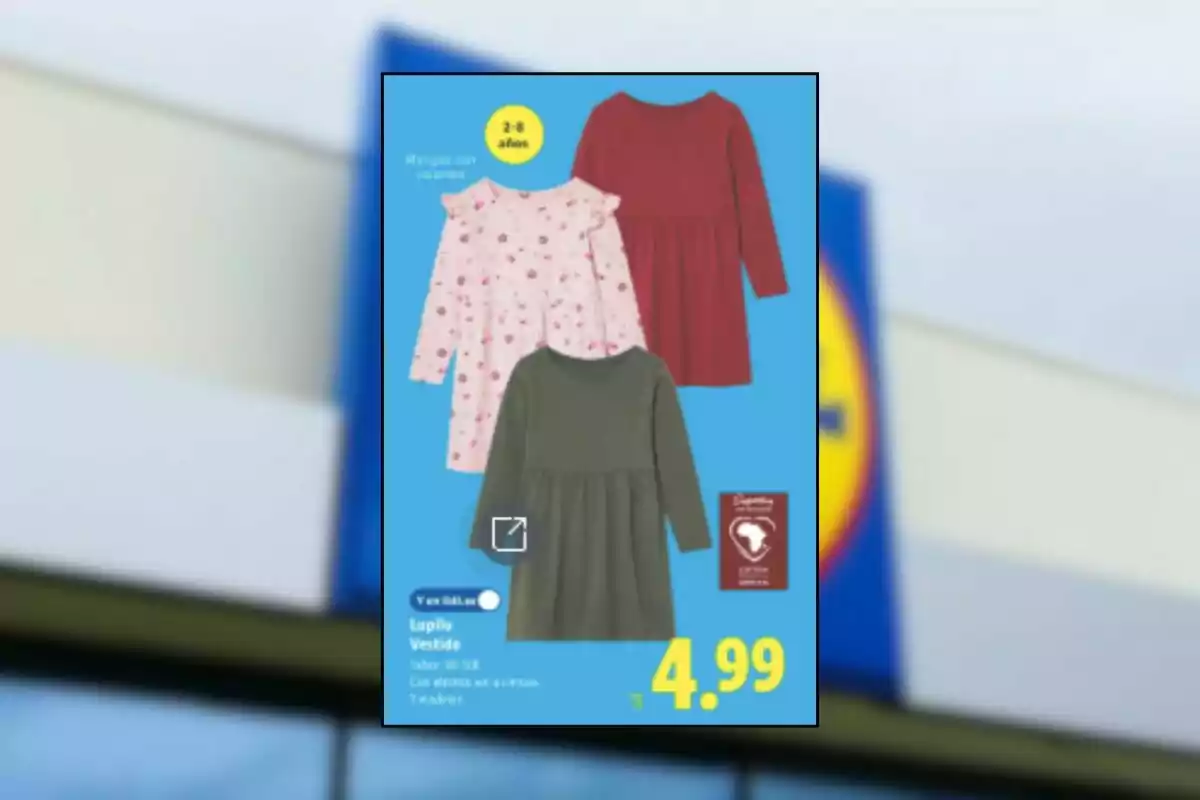 Publicitat de botiga mostrant tres vestits infantils de màniga llarga en colors rosa amb estampat, vermell i verd, amb un preu de 4,99 euros i fons blau
