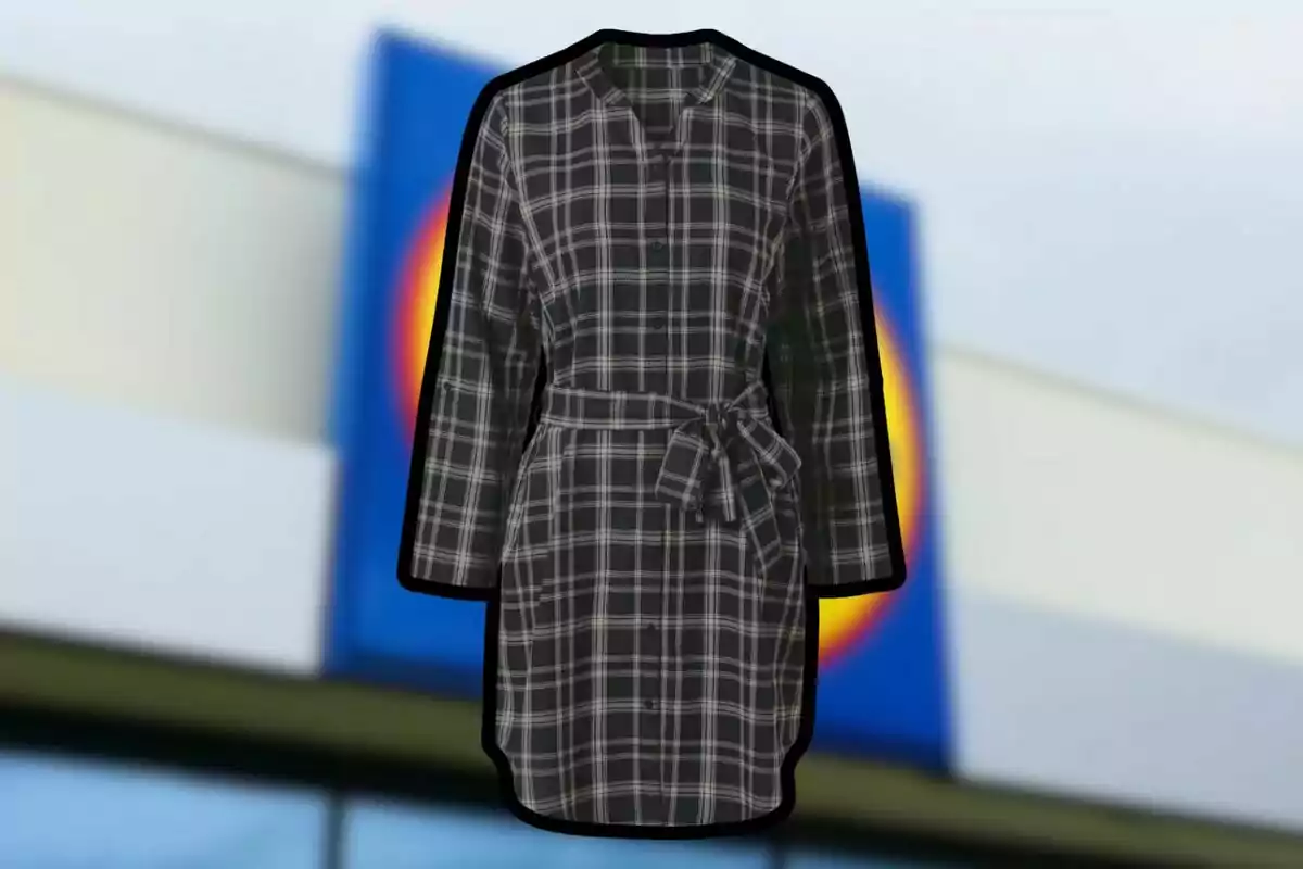 Vestido de manga larga con estampado de cuadros en blanco y negro y cinturón a la cintura sobre un fondo desenfocado de una tienda