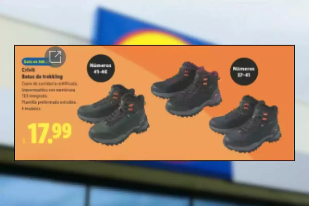 Publicidad de botas de trekking negras con detalles naranjas y suela gruesa, disponibles en varias tallas y con precio destacado de 17.99 euros sobre un fondo naranja