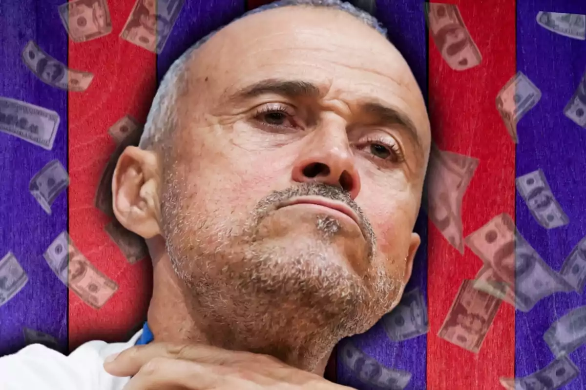 Hombre de expresión seria con fondo de billetes y franjas rojas y moradas