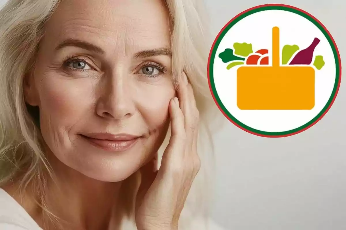Dona de cabells canosos somrient suaument amb una mà a la cara i una icona de cistell d’aliments al fons Dona de cabells canosos somrient suaument amb una mà a la cara i una icona de cistell d’aliments al fons