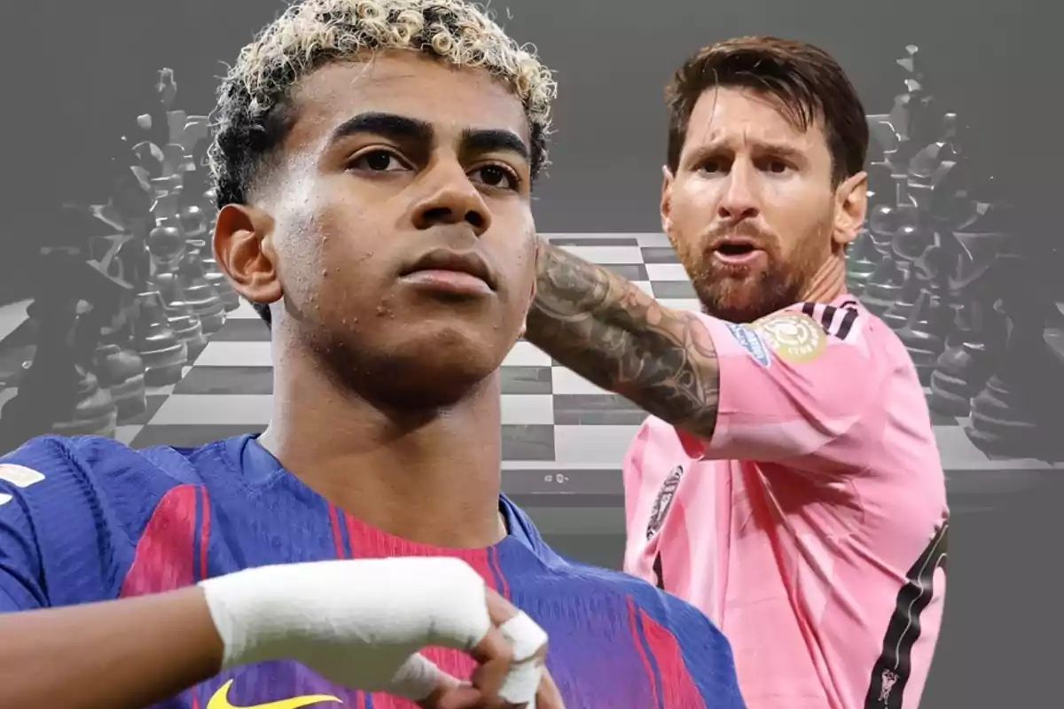 Two players in the foreground with a chessboard in the background