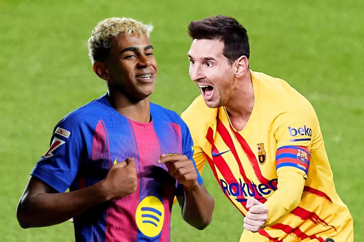 Two Barcelona players celebrate together on the field, one wearing a blue and red uniform and the other wearing a yellow uniform.