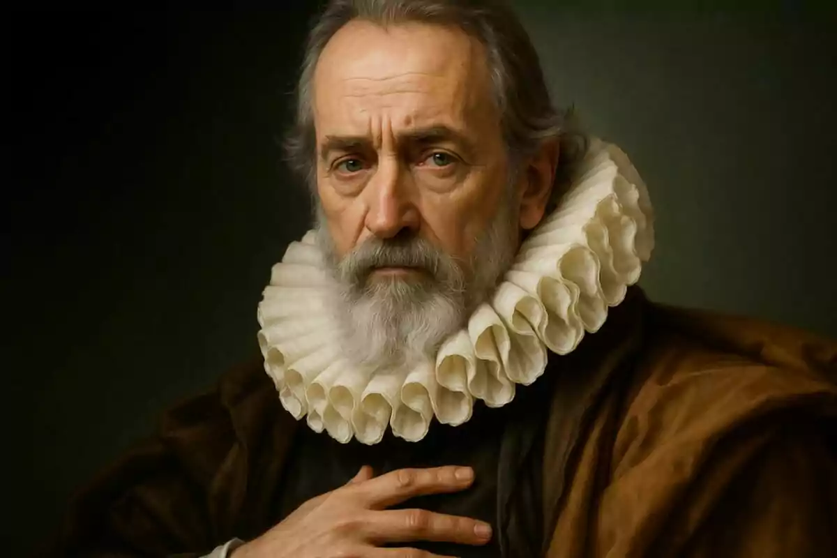 Retrat d’un home gran amb barba i bigoti, que és Miquel Servet, vestit amb roba antiga i un gran coll blanc plisat, mirant al front amb expressió seriosa.