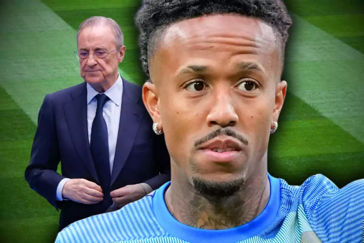 Un hombre con traje oscuro al fondo y un jugador de fútbol en primer plano sobre un campo de césped