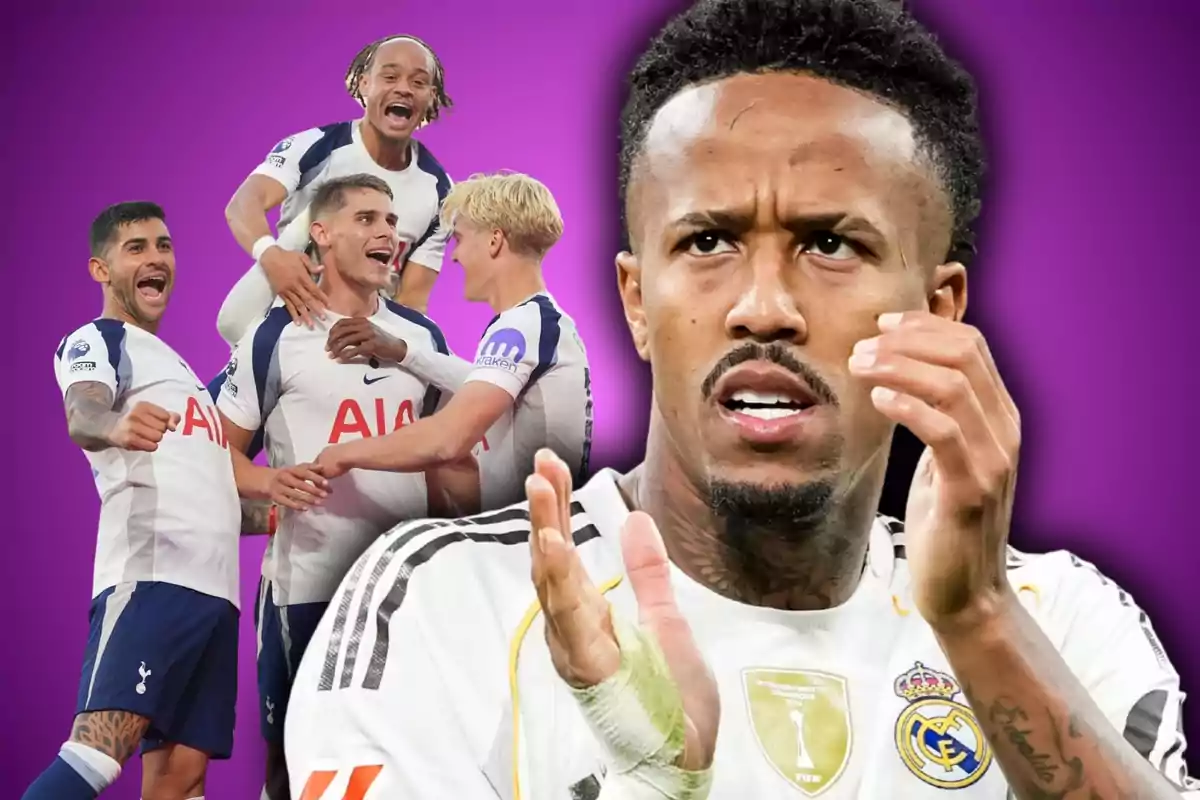 Un grup de jugadors del Tottenham celebrant i un jugador del Reial Madrid en primer pla amb fons morat
