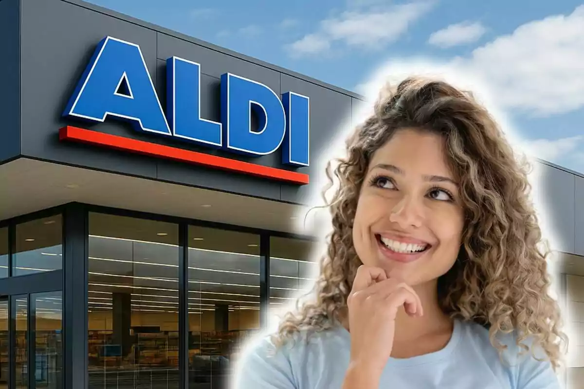Montaje de fotos de una mujer feliz con una tienda ALDI de fondo.