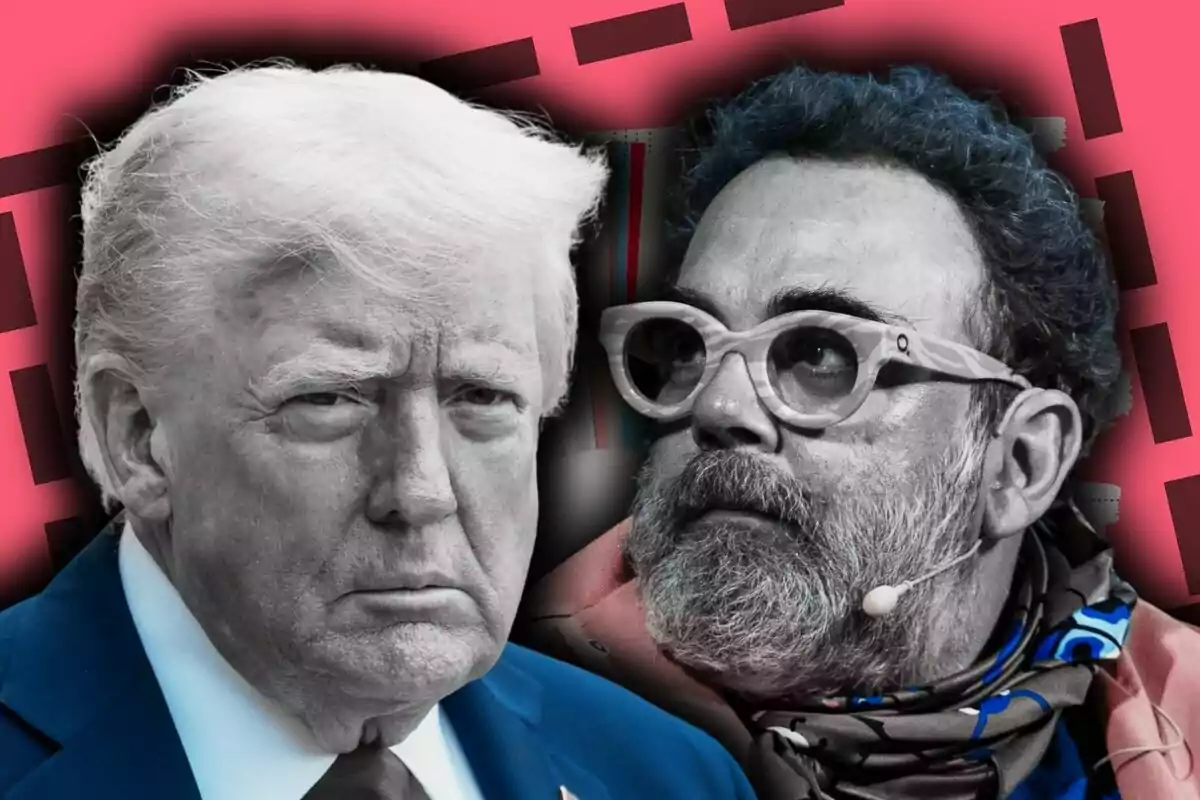 Dos homes en primer pla amb expressions serioses, un de cabells blancs i l’altre amb barba, ulleres grans i fons rosa amb figures geomètriques fosques; són Donald Trump i Bob Pop, respectivament.