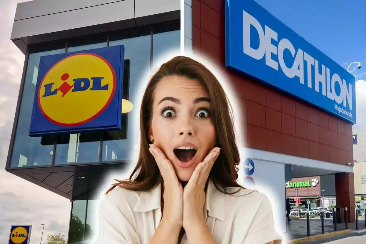 Una dona amb expressió de sorpresa apareix en primer pla entre les façanes de les botigues Lidl i Decathlon.