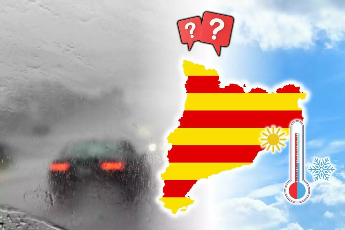 Mapa de Cataluña con símbolos de clima soleado y frío junto a un termómetro y un fondo dividido entre lluvia y cielo despejado. Mapa de Cataluña con símbolos de clima soleado y frío junto a un termómetro y un fondo dividido entre lluvia y cielo despejado.