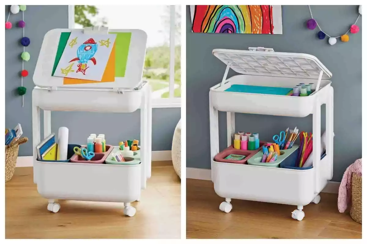 Carrito blanco de plástico con ruedas y compartimentos de Sam's Club, lleno de materiales de arte como pinturas, tijeras, pinceles y hojas de colores, en una habitación infantil decorada con dibujos y guirnaldas.