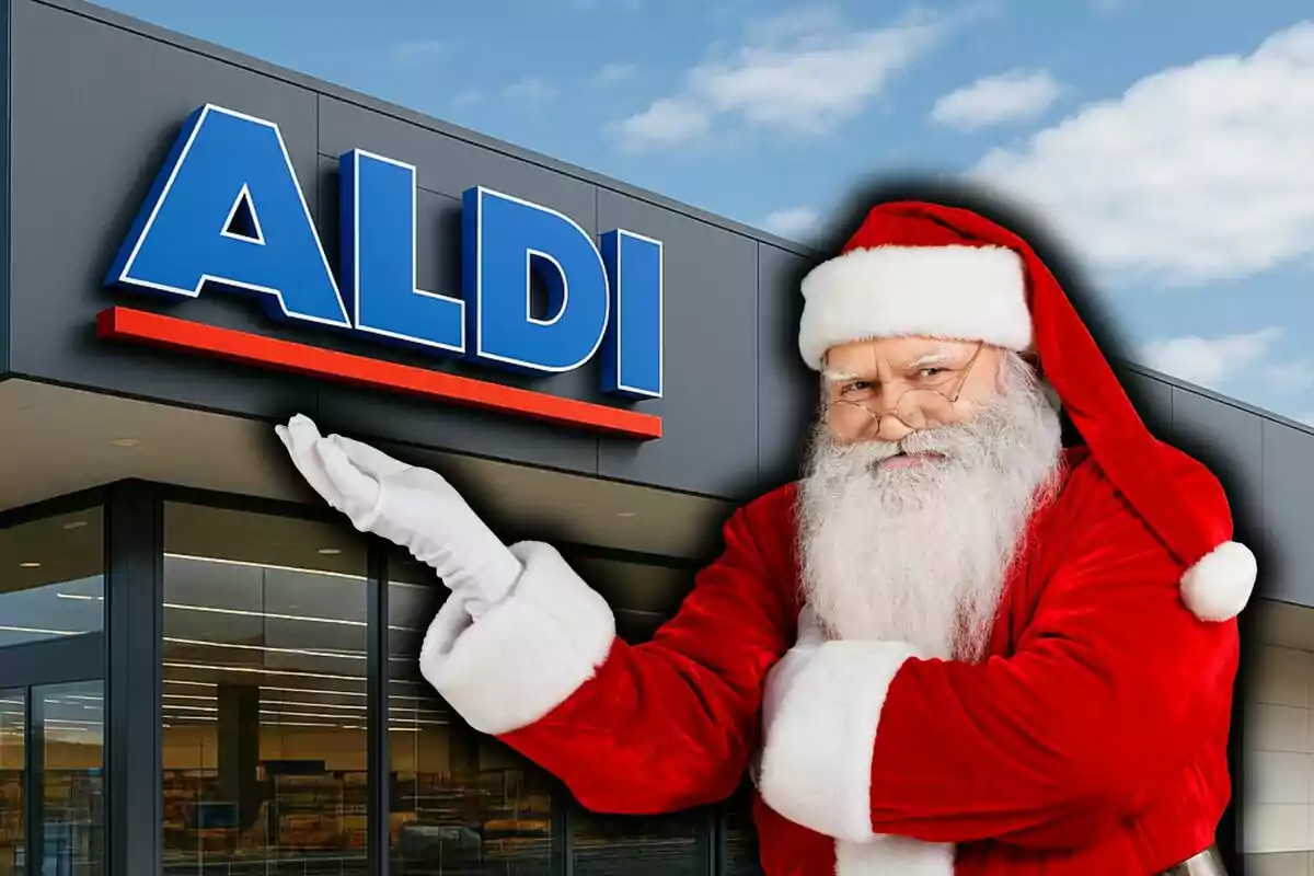 Santa Claus assenyalant l’entrada d’una botiga Aldi sota un cel blau amb núvols.
