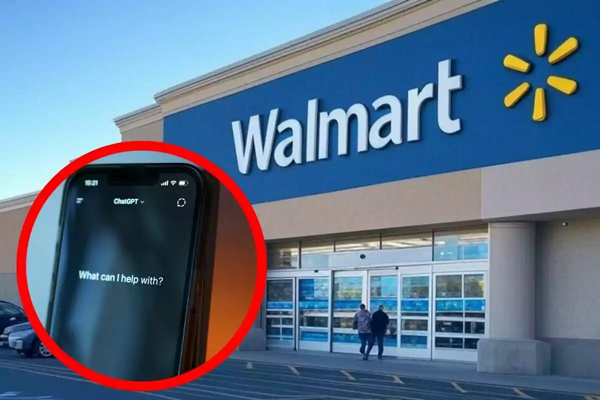 Fachada de una tienda Walmart con un círculo rojo que resalta un teléfono mostrando la pantalla de ChatGPT.