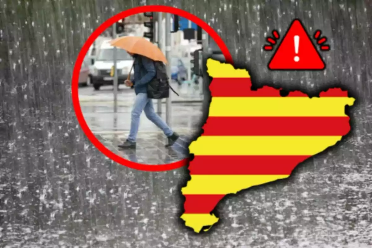 Persona caminando bajo la lluvia con paraguas junto a un mapa de Cataluña con franjas rojas y amarillas y un símbolo de advertencia.