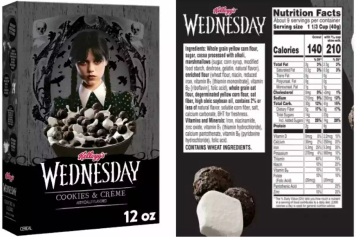 Caja de cereal Kellogg’s Wednesday Cookies & Creme de 12 oz con diseño oscuro y la imagen de una joven de cabello negro con trenzas, acompañada de un tazón con cereal de bolitas oscuras y malvaviscos, junto a la tabla nutricional e ingredientes del producto.
