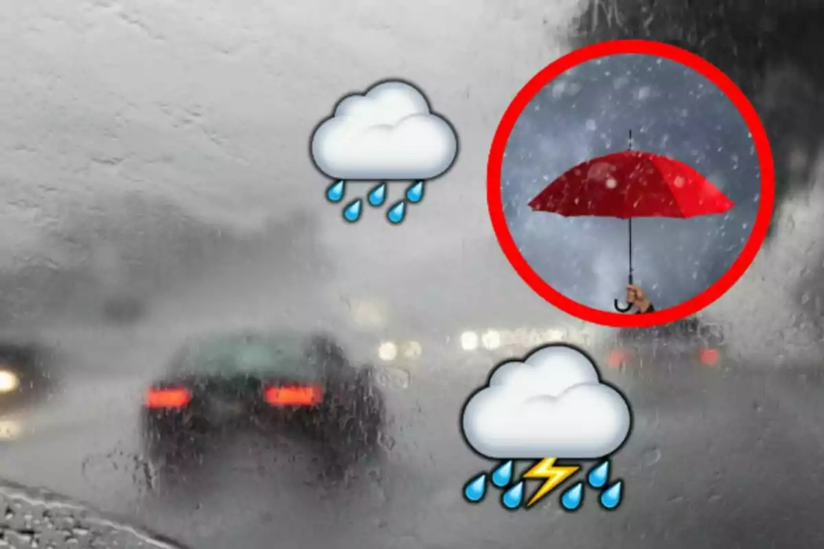 Carretera vista a través d’un parabrisa mullat per la pluja amb dues icones de núvols plujosos i un cercle vermell que ressalta un paraigua vermell sota la pluja.