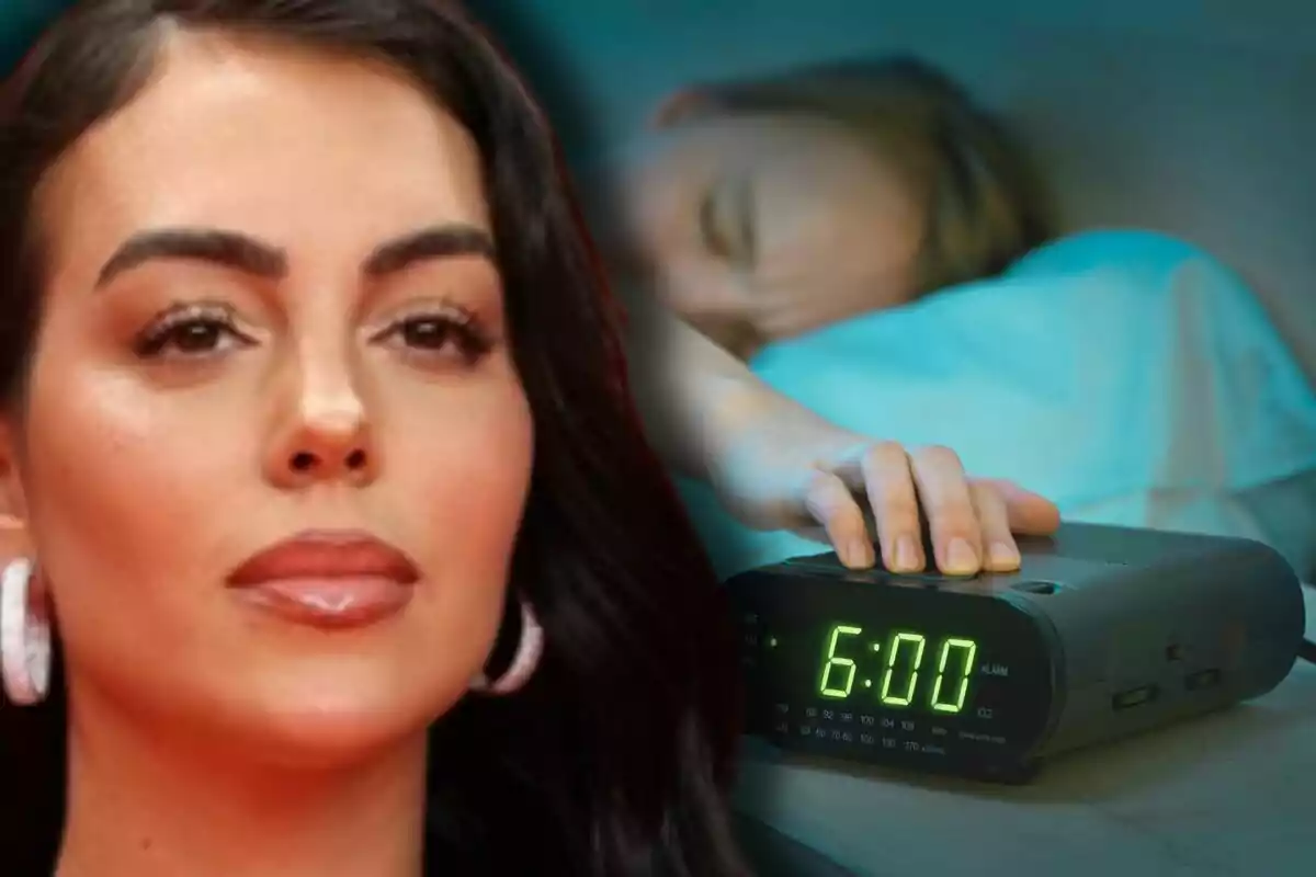 Primer plano de Georgina Rodríguez con expresión seria y al fondo una persona acostada apaga un despertador que marca las seis en punto
