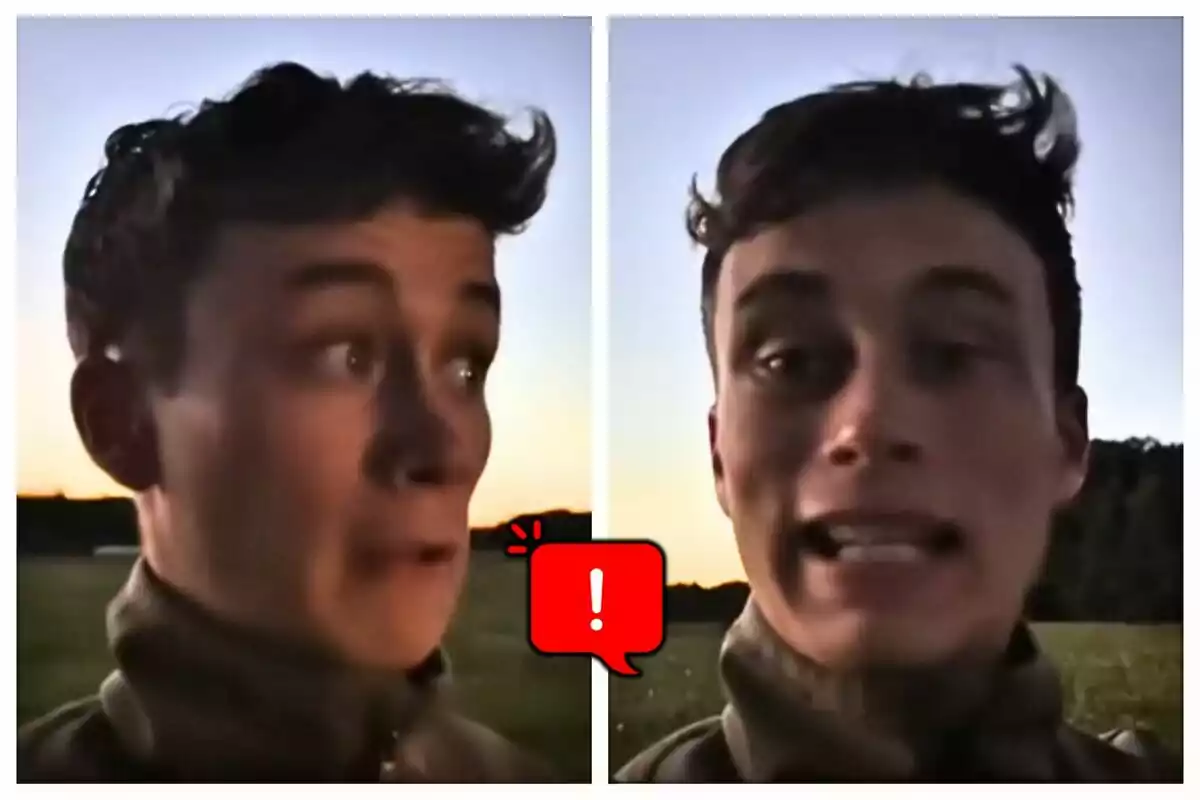 Dues fotos de Jorge Rey amb expressió de sorpresa i preocupació a l’aire lliure al capvespre amb una icona d’advertència al centre.