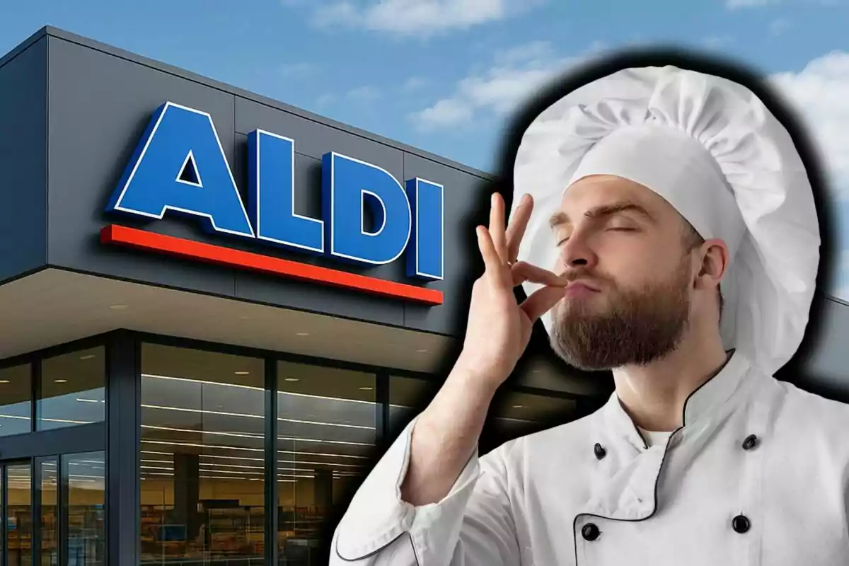 Un chef con gorro blanco haciendo un gesto de satisfacción frente a una tienda ALDI.