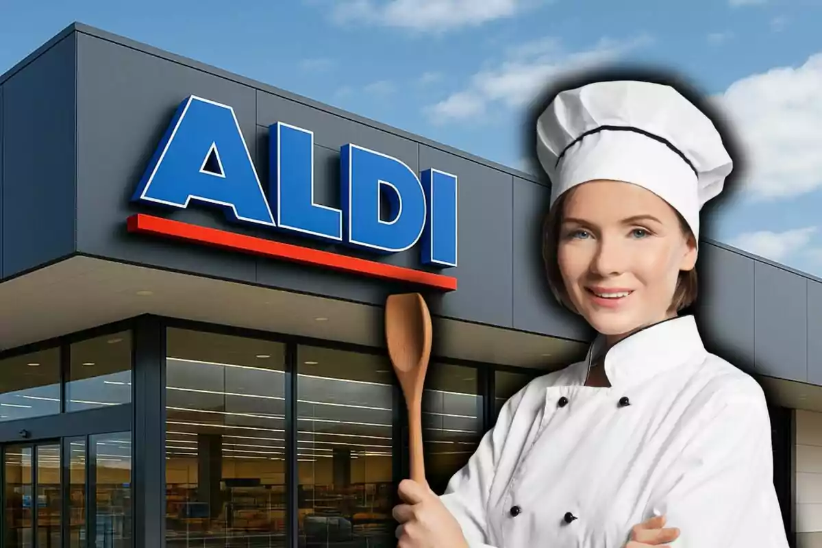 Façana d’una botiga Aldi amb una dona vestida de xef sostenint una cullera de fusta i somrient.