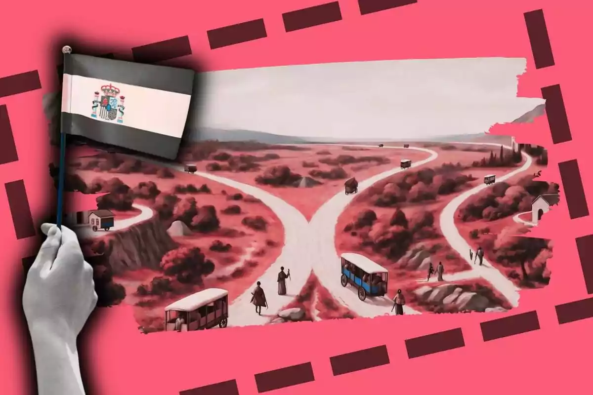 Una mà sosté una bandera amb els colors i l'escut d'Espanya davant d'una il·lustració de camins que es bifurquen amb persones i vehicles antics sobre un fons rosa.