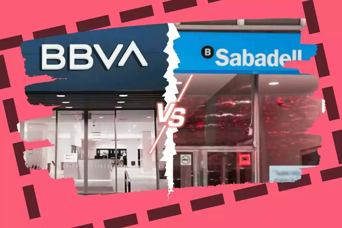 Comparació visual entre les façanes dels bancs BBVA i Sabadell amb un disseny de fons rosa i un efecte de divisió al centre.