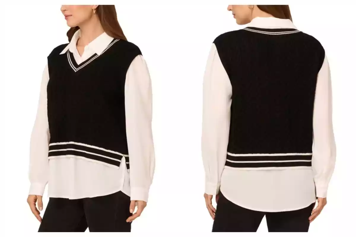 Mujer usando un chaleco negro de punto con detalles en blanco sobre una camisa blanca de manga larga mostrando vista frontal y trasera del conjunto que es de Costco de Estados Unidos.
