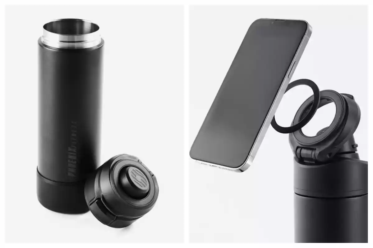 Ampolla esportiva negra de Decathlon amb tapa desmuntable i suport magnètic per subjectar un telèfon mòbil.