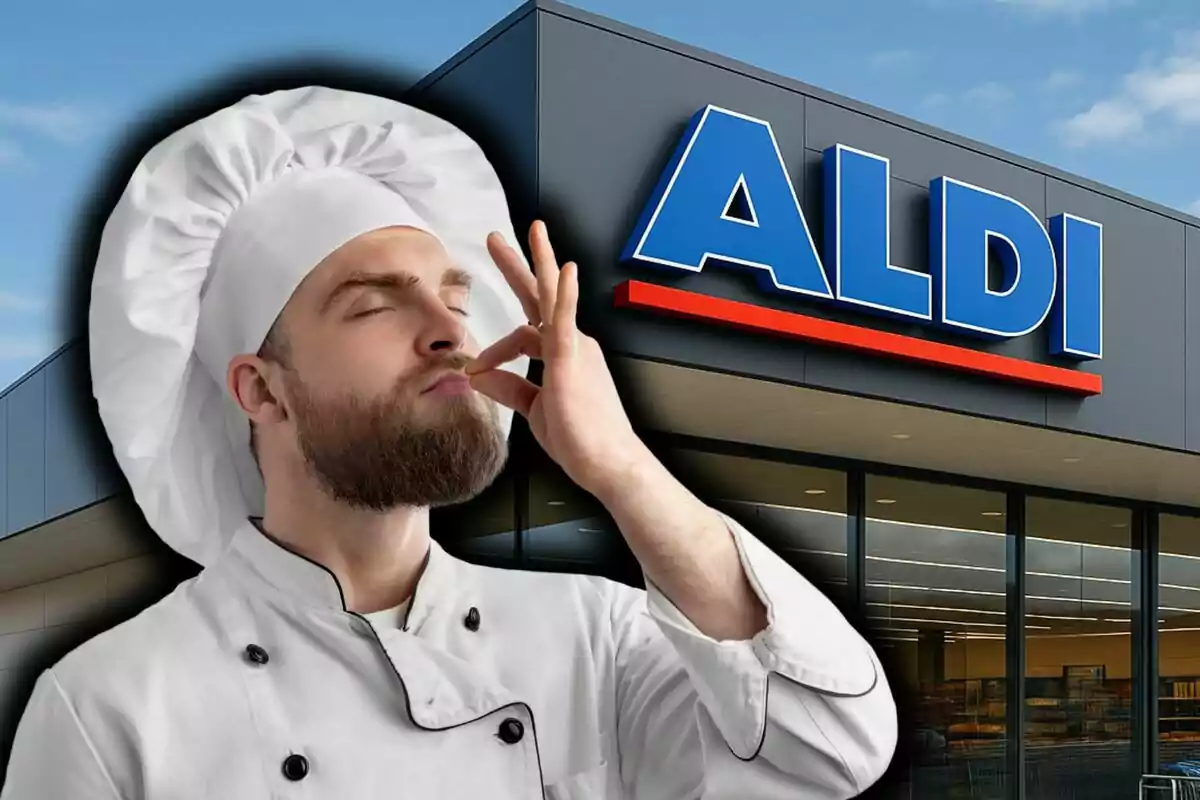 Un xef amb expressió de satisfacció davant d’una botiga d’ALDI.