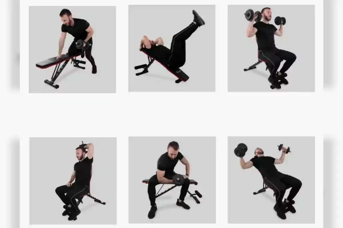 Home realitzant diferents exercicis de força amb manuelles i banc ajustable sobre fons gris, el qual és de Decathlon.