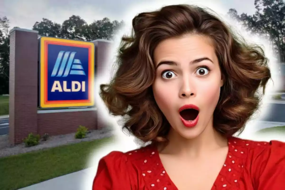 Woman with a surprised expression in front of an Aldi store sign.