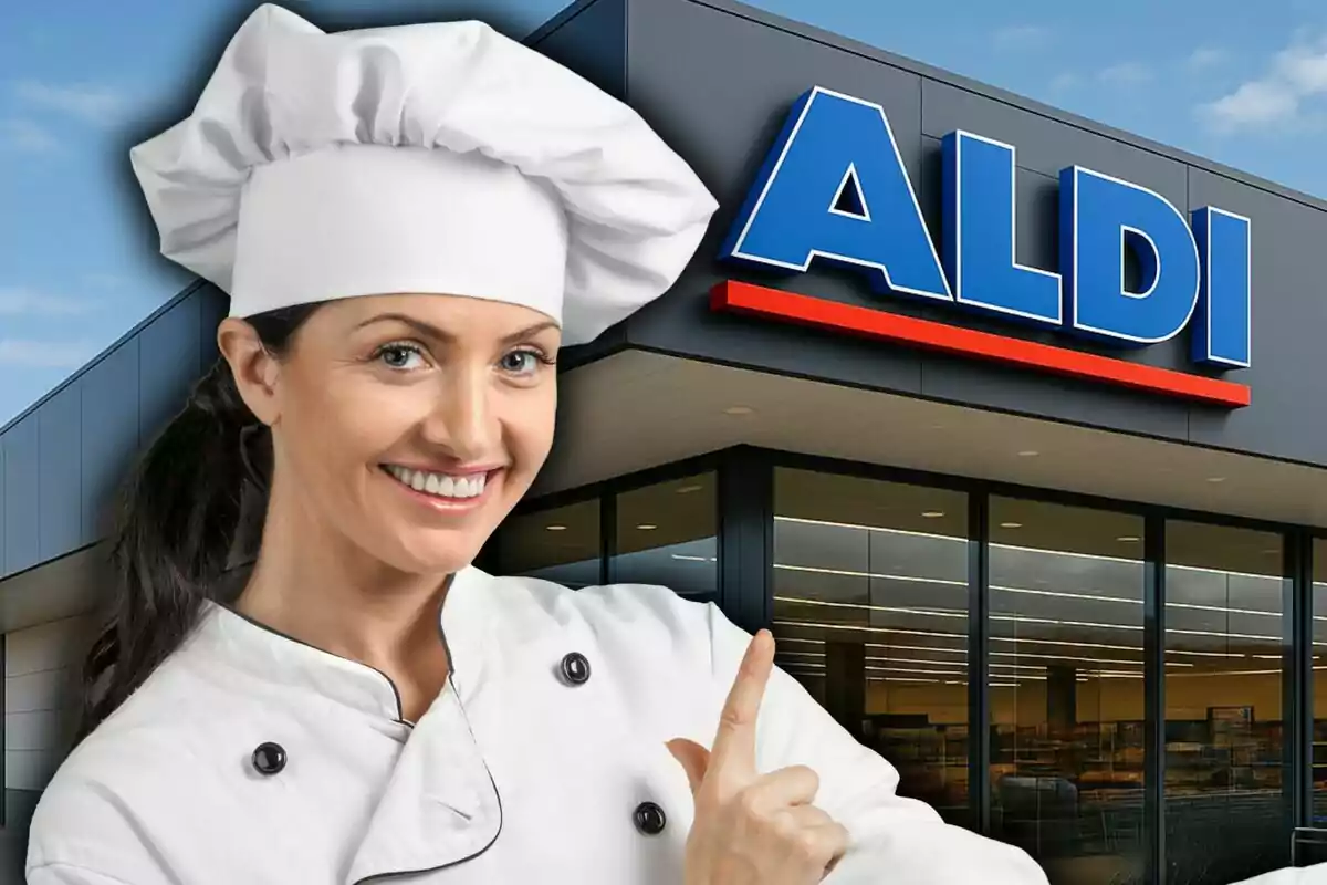 Mujer vestida de chef sonriendo y señalando el letrero de una tienda ALDI.