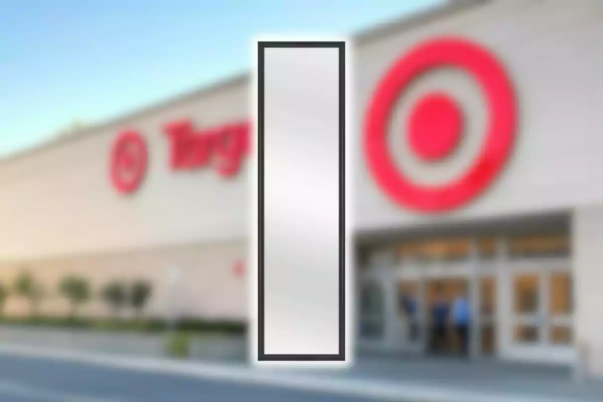 Espejo rectangular con marco negro frente a una tienda desenfocada de Target.