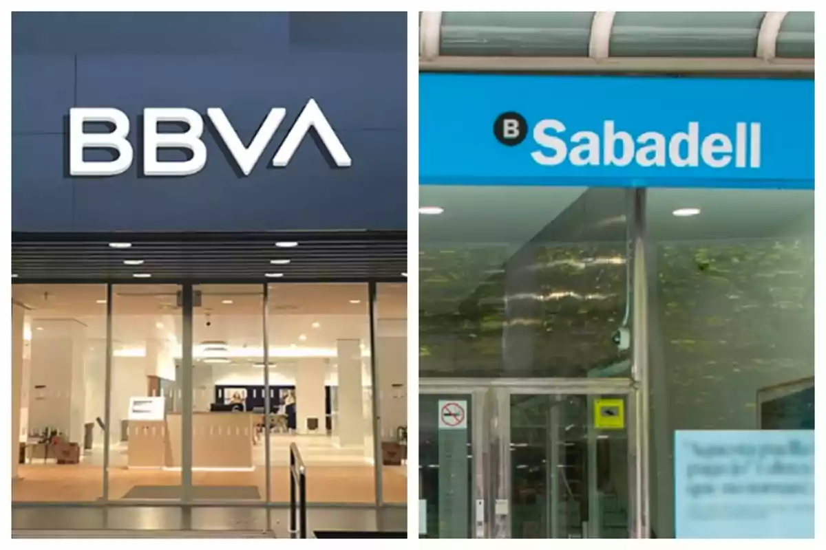 Façanes de les sucursals dels bancs BBVA i Banc Sabadell.
