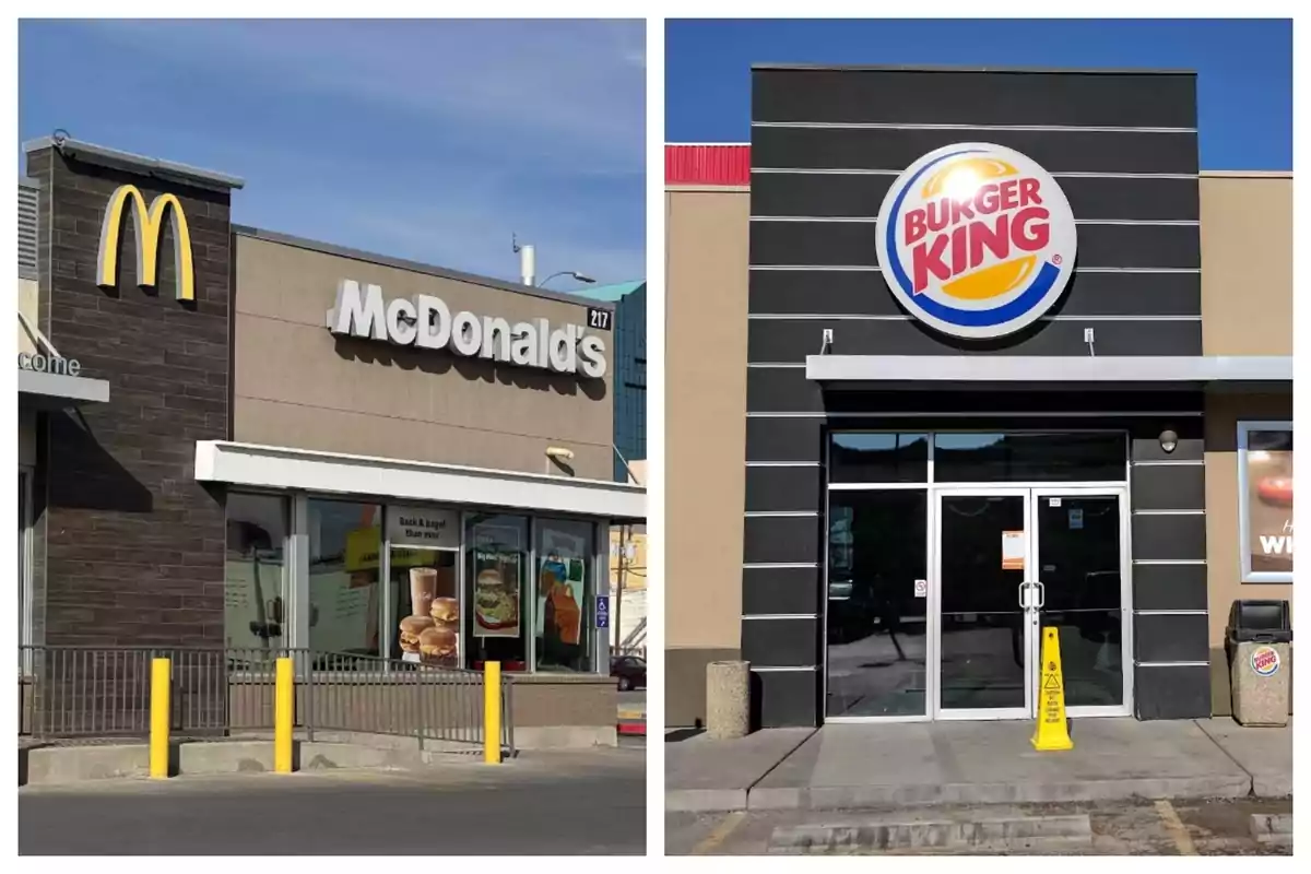 Fachadas de los restaurantes de comida rápida McDonald's y Burger King una al lado de la otra; ambos ubicados en Estados Unidos.
