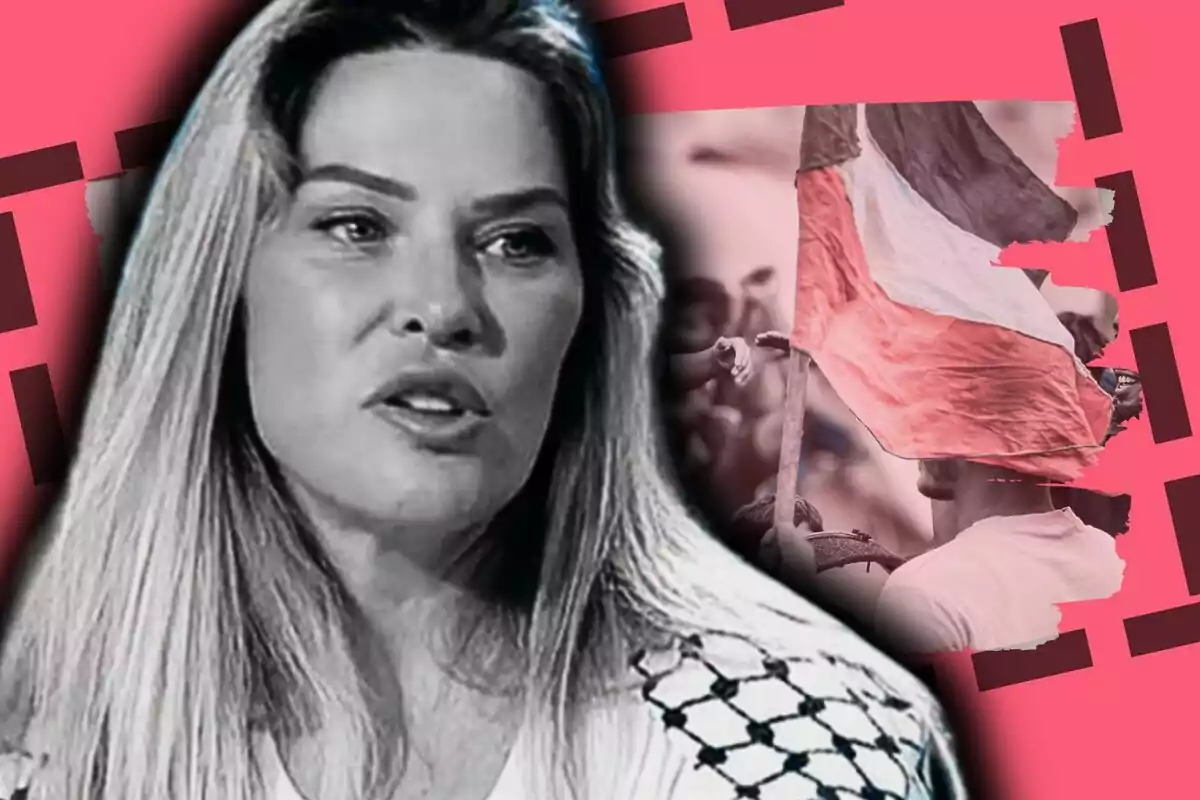 Hanan Alcalde 'Barbie Gaza' en primer pla amb expressió seriosa i fons rosa que mostra una bandera de Palestina onejant entre una multitud.