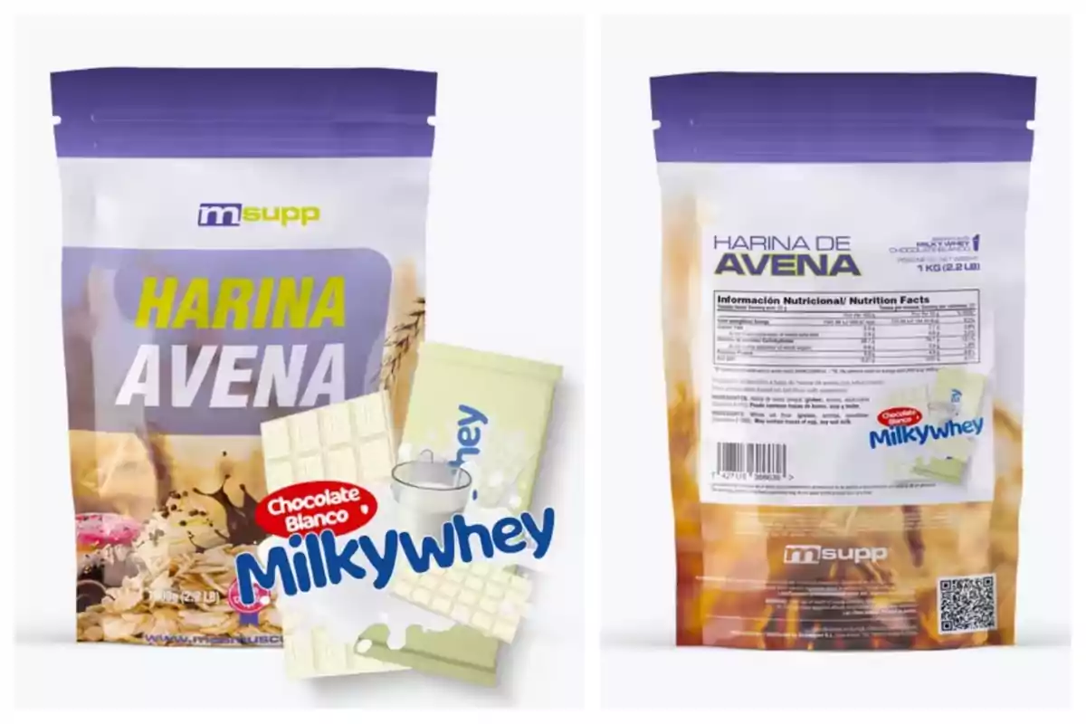 Bossa de farina de civada sabor xocolata blanca Milkywhey de la marca msupp amb disseny en tons liles i grocs, imatge de xocolata blanca i got de llet al davant, informació nutricional al darrere; es ven a Decathlon.