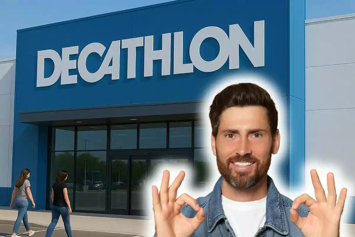 Façana d'una botiga Decathlon amb dues dones caminant cap a l'entrada i un home somrient en primer pla fent el gest de 'ok' amb totes dues mans.