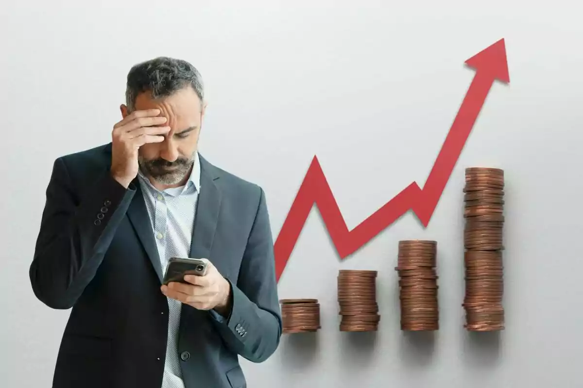 Home amb expressió preocupada mirant el seu telèfon mòbil davant d’una gràfica ascendent i piles de monedes.