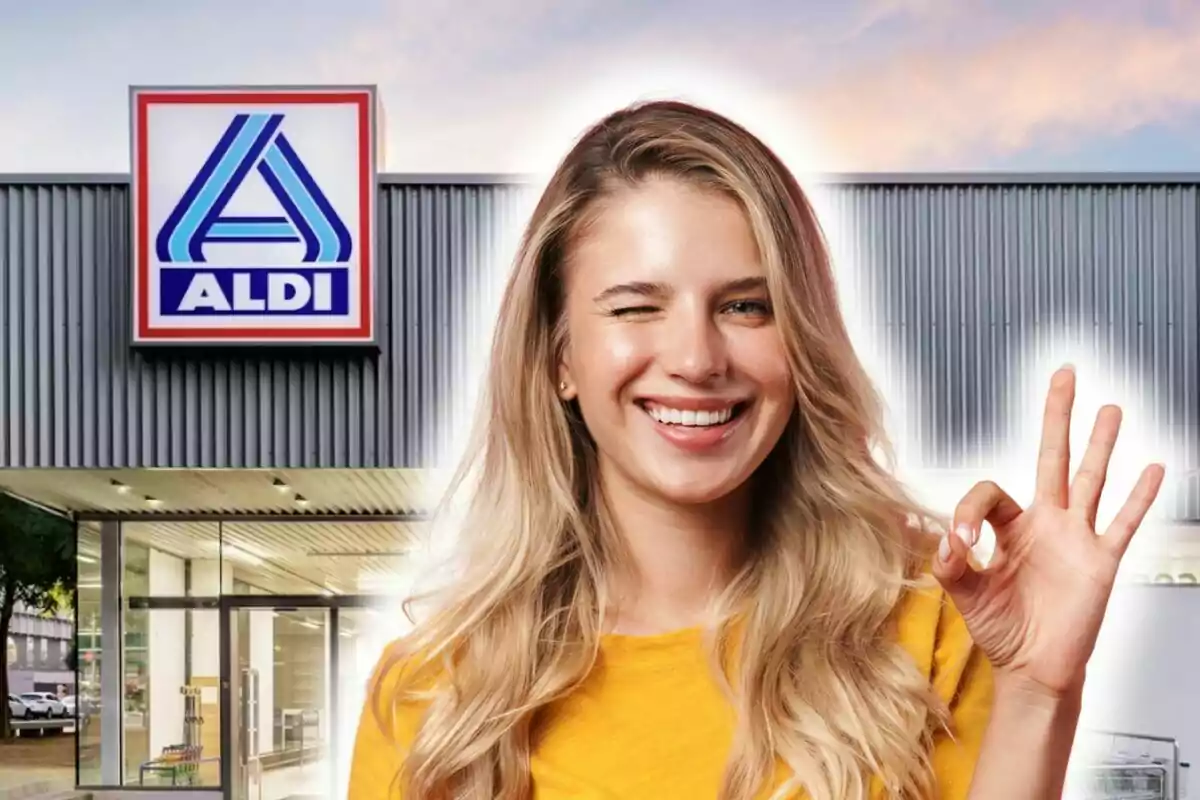 Dona jove somrient i fent un ull a davant d’una botiga Aldi fent el gest d’ok amb la mà.