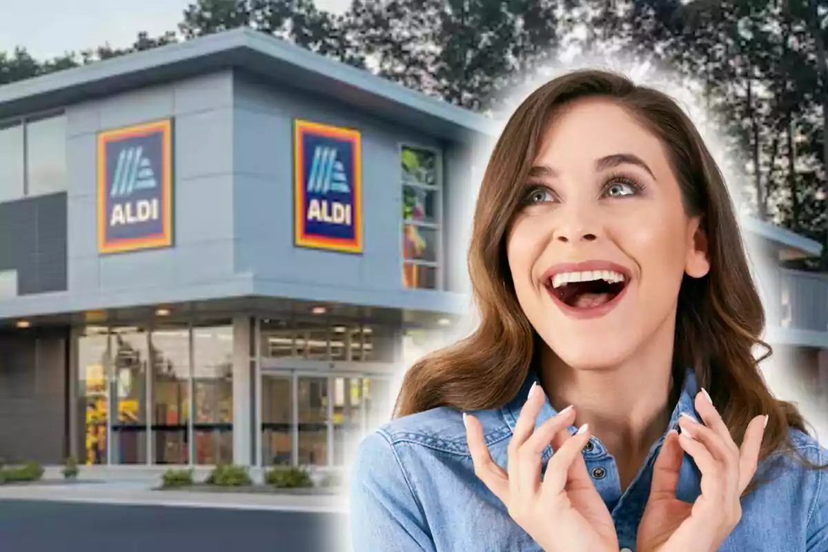 Smiling and excited woman in front of an Aldi supermarket in the United States.