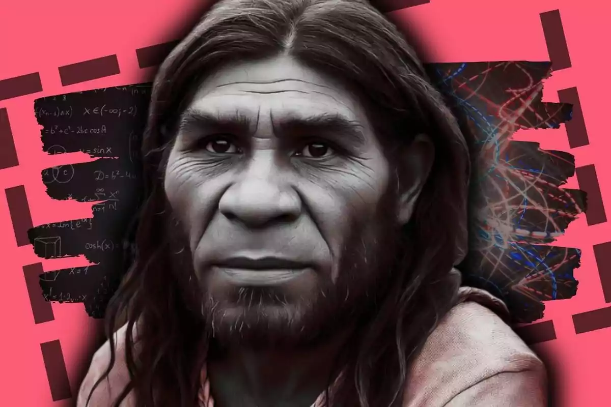 Retrat digital d’un home prehistòric amb cabells llargs i barba sobre un fons rosa amb elements gràfics de fórmules matemàtiques i línies de colors.