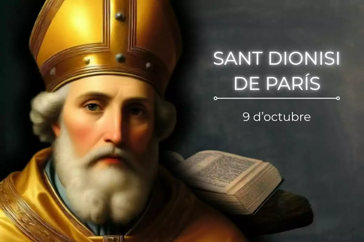 Retrat d’un home amb vestimenta religiosa daurada i mitra al costat d’un llibre obert i el text Sant Dionís de París 9 d’octubre.