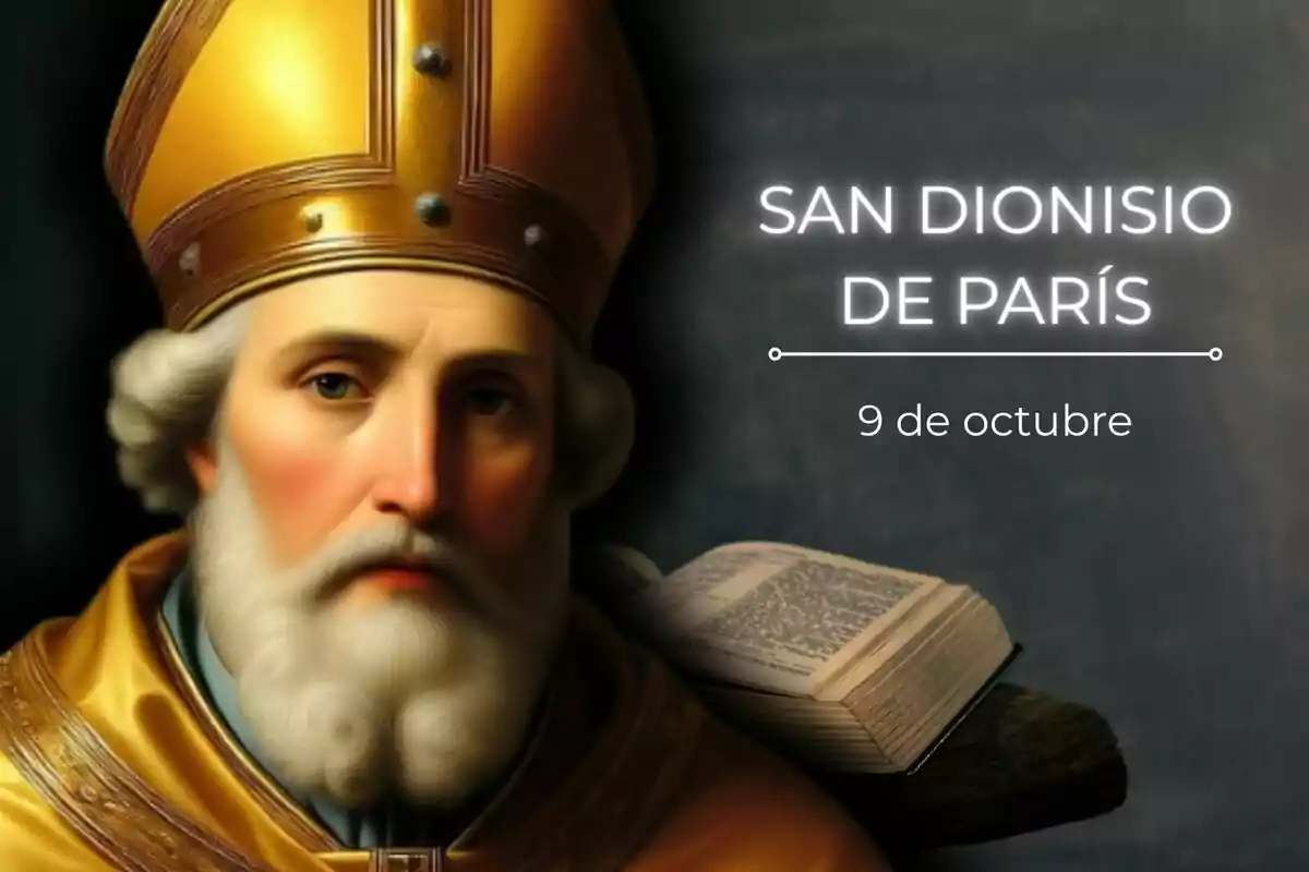 Retrato de San Dionisio de París con vestimenta dorada de obispo y un libro abierto junto a él, acompañado del texto San Dionisio de París 9 de octubre.