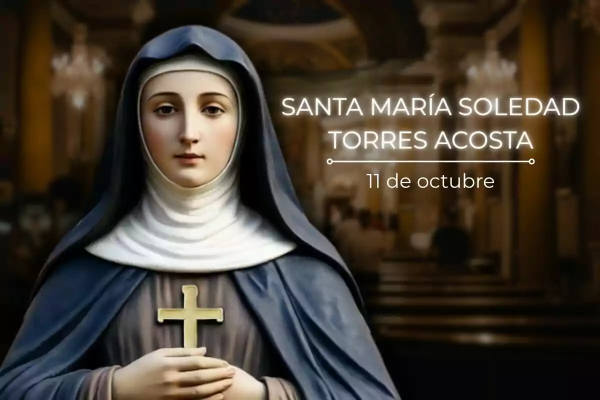 Imagen de una religiosa con hábito azul y blanco sosteniendo una cruz dorada con el texto Santa María Soledad Torres Acosta 11 de octubre sobre un fondo de iglesia.