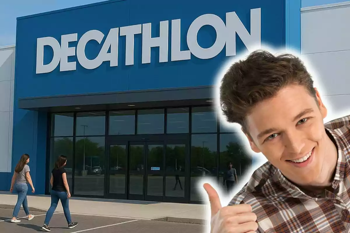Façana d’una botiga Decathlon amb dues dones caminant cap a l’entrada i un home somrient en primer pla fent un gest d’aprovació amb el polze amunt.